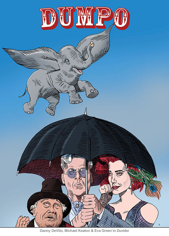 Danny DeVito, Michael Keaton & Eva Green huddle under an unbrella as the little elphant takes flight in a spoof of Dumbo