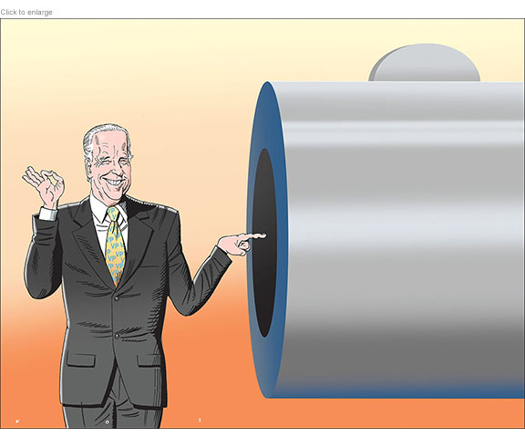 Joe Biden placcing his finger into the enormous barrel of a gun.
