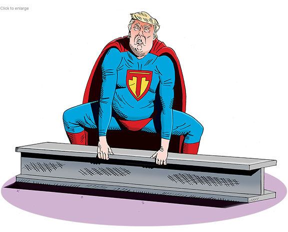 Donald Trump as the Man of Steel trying unsuccessfully to lift a girder, satirizing his tariff policy.