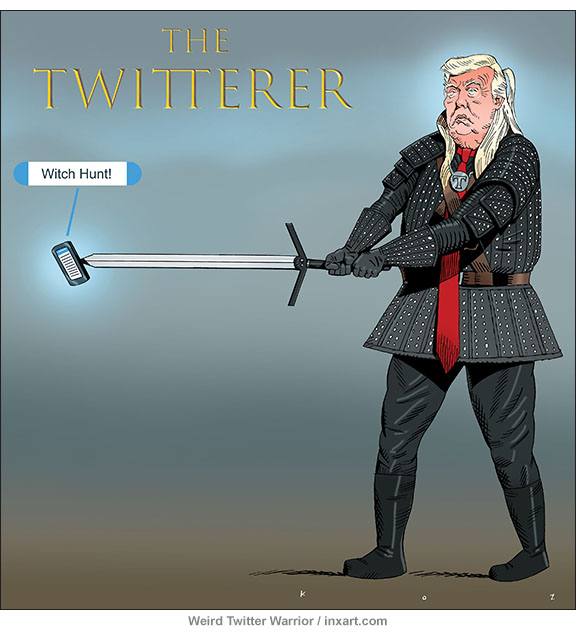 In a spoof of The Witcher entitled The Twitterer, Trump is dressed like the main character wielding a sword with a smart phone at its end. The message emananting from it reads 'Witch Hunt!'